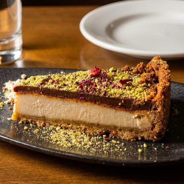 Slice of cheesecake with chocolate, pistachios, and rose petals on a dark plate.