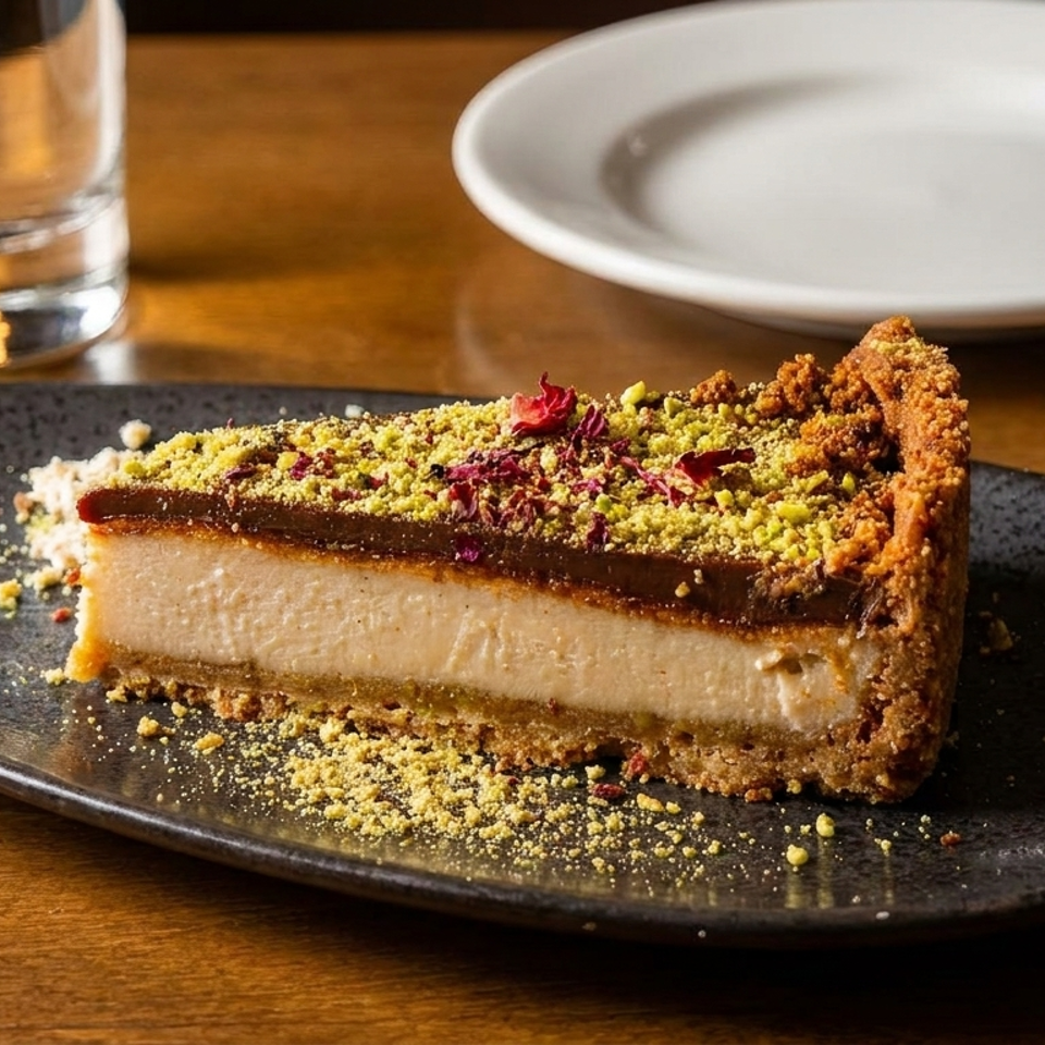 Slice of cheesecake with chocolate, pistachios, and rose petals on a dark plate.