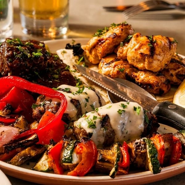 A platter of grilled meats, vegetables, and skewers, with a lemon wedge and cutlery.