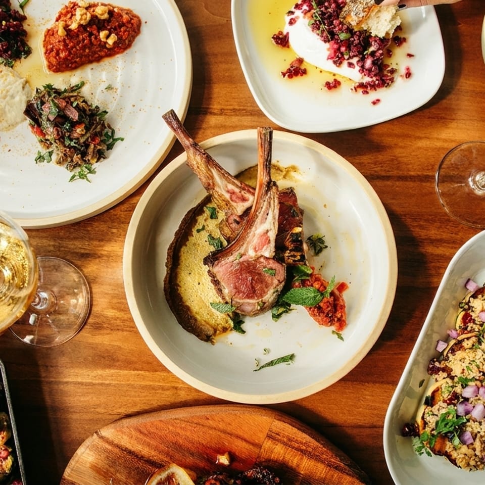 Overhead view of a wooden table laden with various Mediterranean dishes and wine glasses.