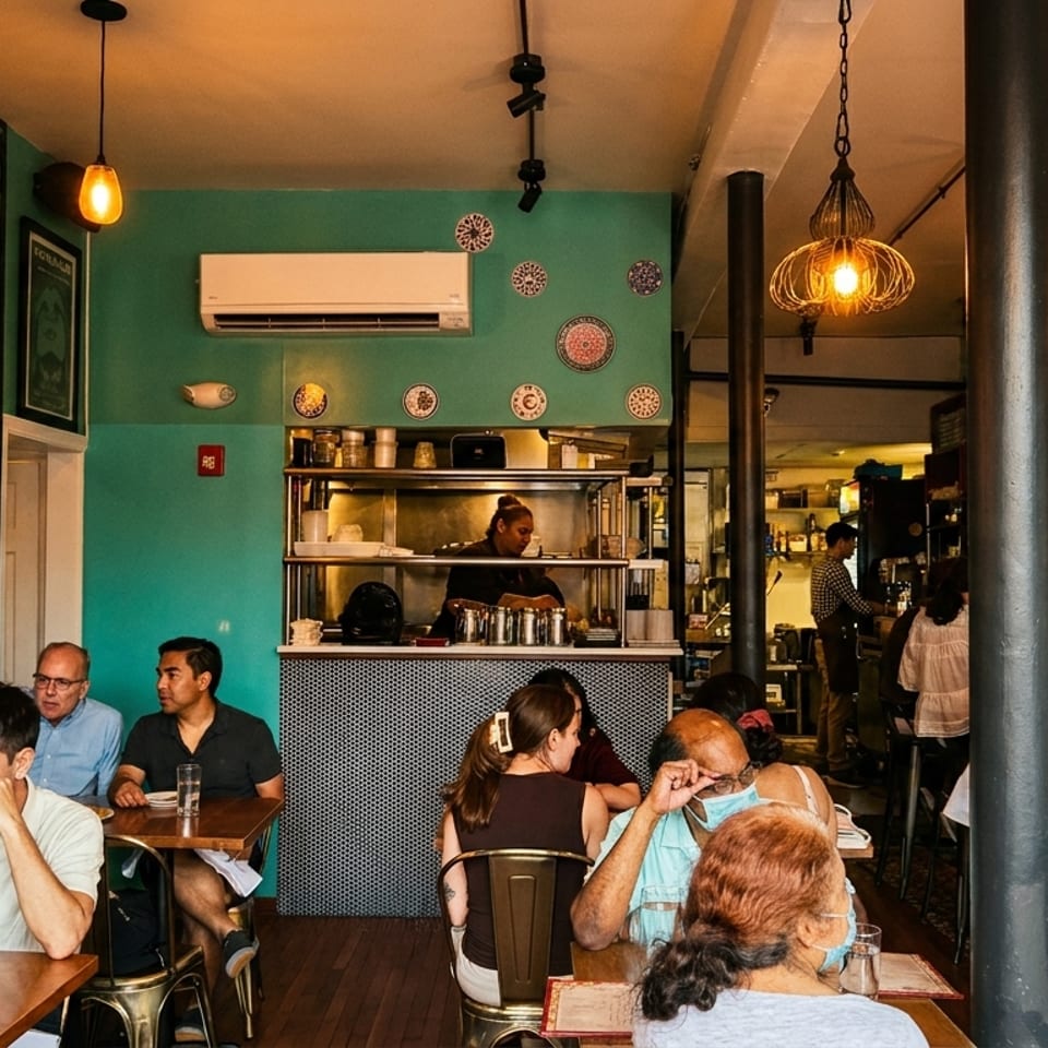 A vibrant restaurant interior with teal walls, patrons dining at tables, and a busy bar area.