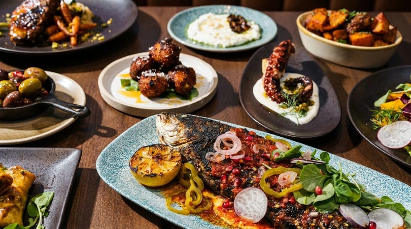 A table laden with various Mediterranean dishes, including whole grilled fish, octopus, olives, and salads.
