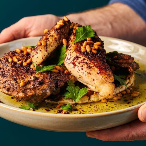 Hands holding a plate of roasted chicken with pine nuts, parsley, and olive oil.