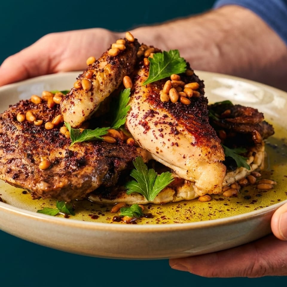 Hands holding a plate of roasted chicken with pine nuts, parsley, and olive oil.