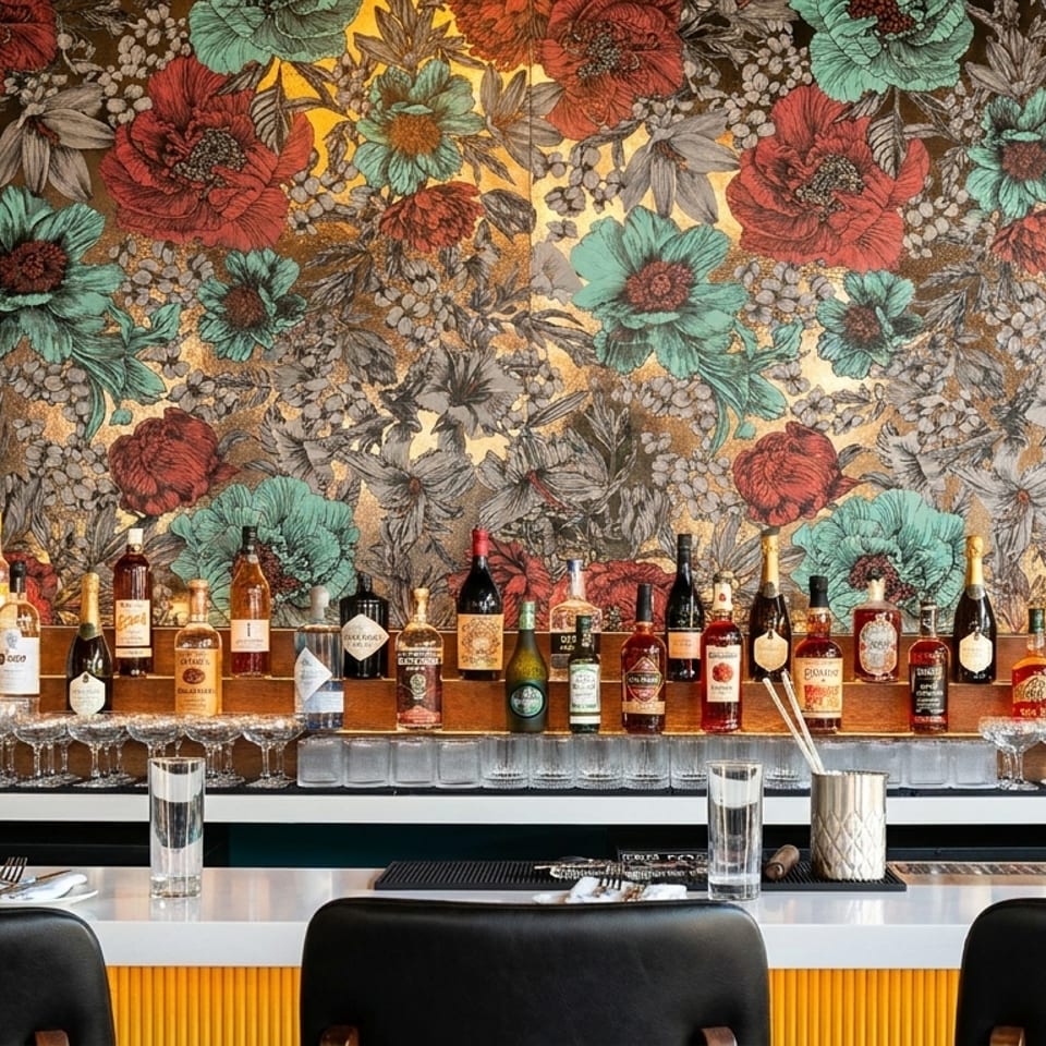 A bar with a floral wallpaper backdrop, displaying various liquor bottles and empty glasses.