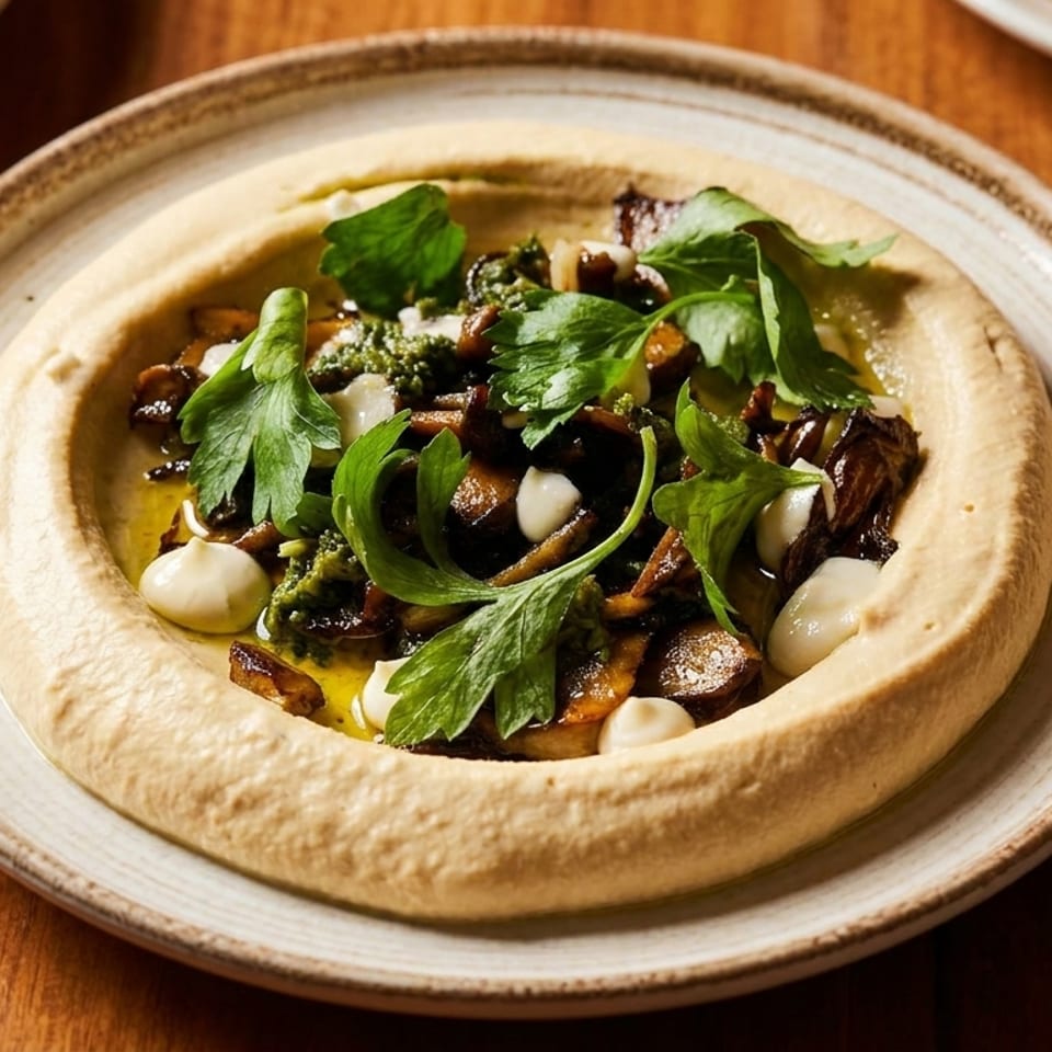 Hummus topped with sautéed mushrooms, green herbs, and white sauce on a rustic plate.