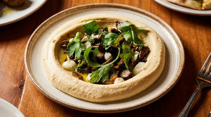 Hummus topped with sautéed mushrooms, green herbs, and white sauce on a rustic plate.