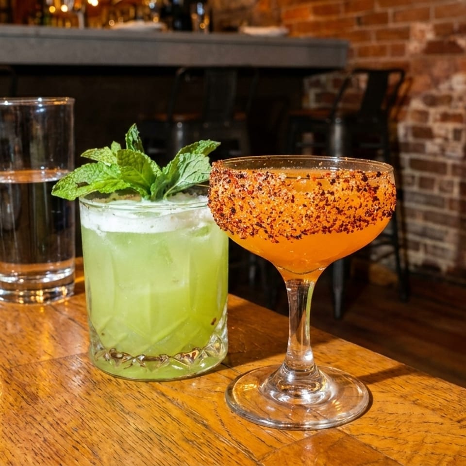 Two cocktails, one green with mint and one orange with a spiced rim, on a wooden bar.